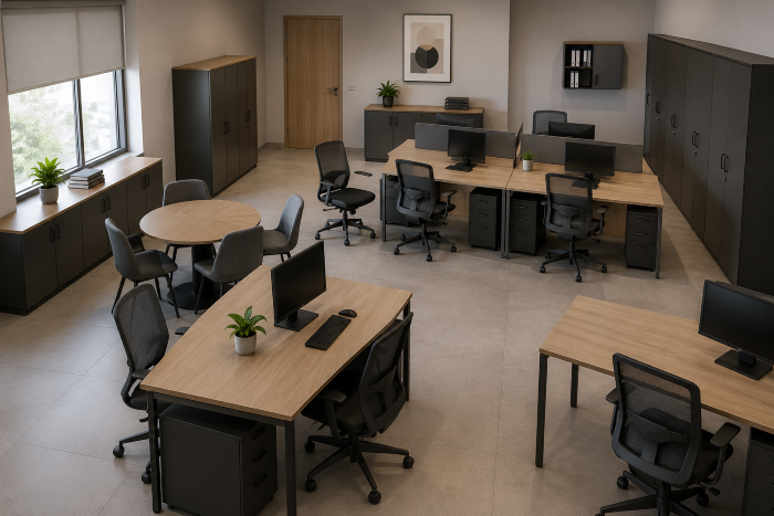 Cluttered office with too much furniture